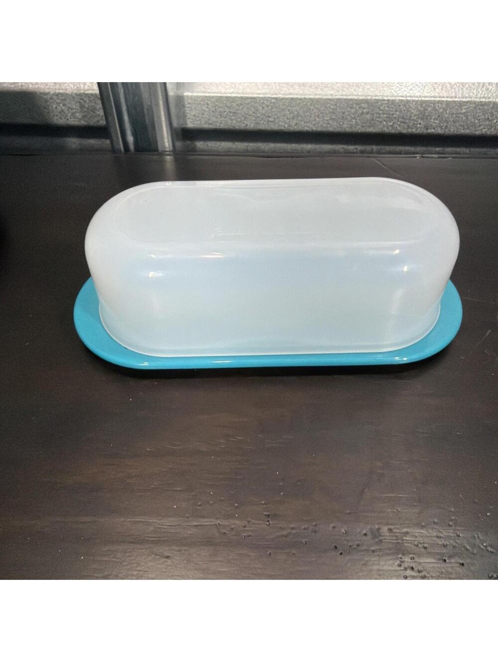 New Tupperware Impressions Small Butter Dish Aqua Base Hold 1 Stick Butter 7x3”